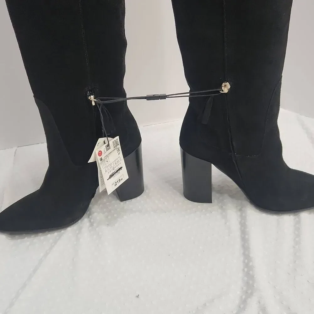 Zara Black Suede Over the Knee Boots Block Heel Women's Size 7.5 US / 38 EU